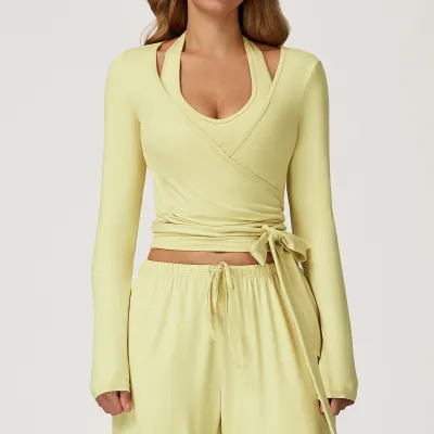 Women Sports Yoga Long Sleeve One-Piece Strap Top - South Korean Silk Sanding Fabric