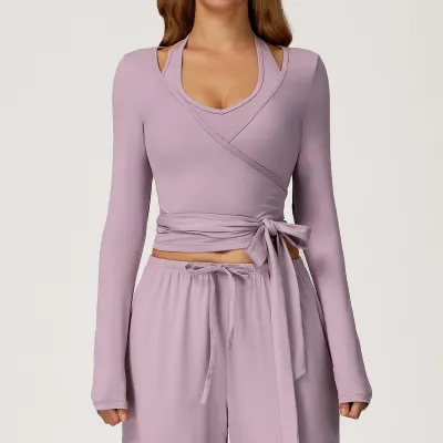Women Sports Yoga Long Sleeve One-Piece Strap Top - South Korean Silk Sanding Fabric