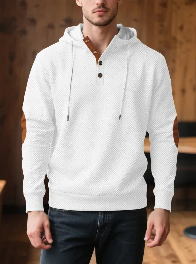 Loose Henley Placket Pullover Hooded Geometry Jacquard Thickened Men Hoodie