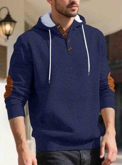 Loose Henley Placket Pullover Hooded Geometry Jacquard Thickened Men Hoodie