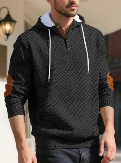 Loose Henley Placket Pullover Hooded Geometry Jacquard Thickened Men Hoodie