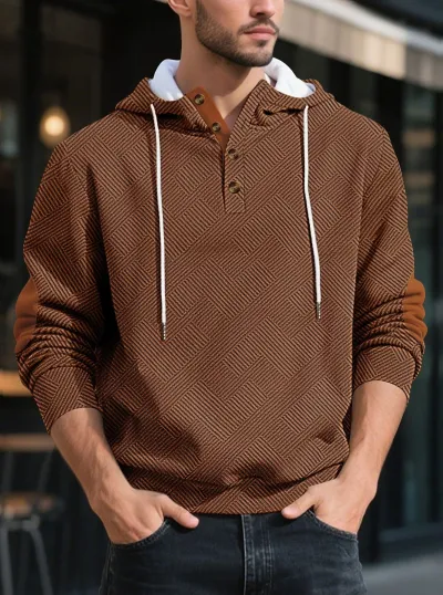 Loose Henley Placket Pullover Hooded Geometry Jacquard Thickened Men Hoodie