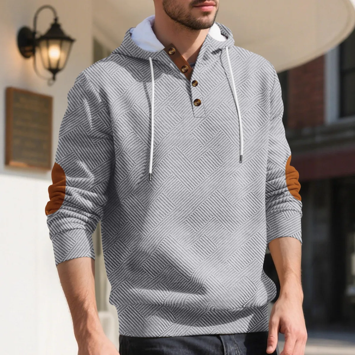 Loose Henley Placket Pullover Hooded Geometry Jacquard Thickened Men Hoodie