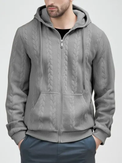 Men Solid Color Jacquard Casual Hoodie Pullover Top