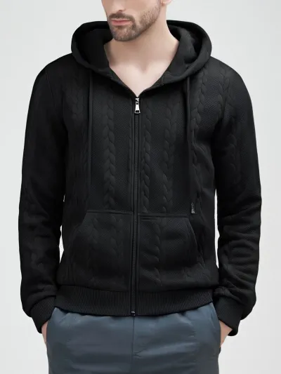 Men Solid Color Jacquard Casual Hoodie Pullover Top
