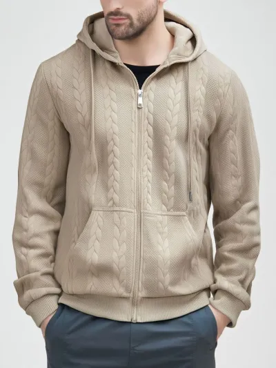 Men Solid Color Jacquard Casual Hoodie Pullover Top
