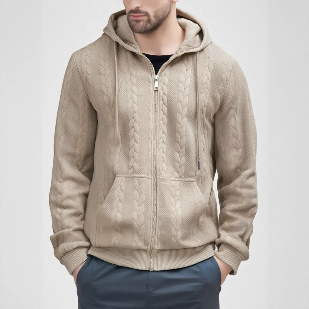 Men Solid Color Jacquard Casual Hoodie Pullover Top