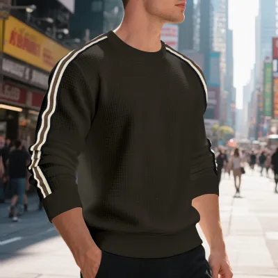 Men Round Neck Loose Stripe Sweatshirt Long Sleeve Pullover