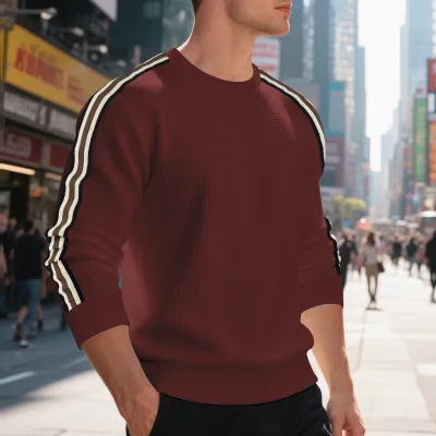 Men Round Neck Loose Stripe Sweatshirt Long Sleeve Pullover