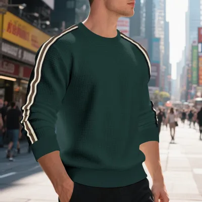 Men Round Neck Loose Stripe Sweatshirt Long Sleeve Pullover
