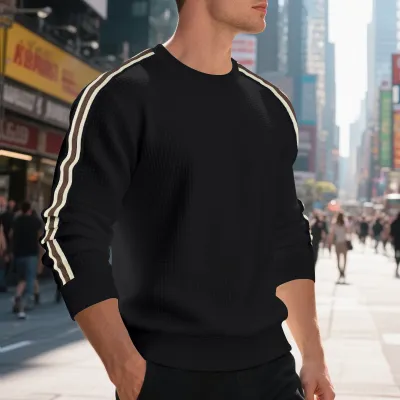 Men Round Neck Loose Stripe Sweatshirt Long Sleeve Pullover