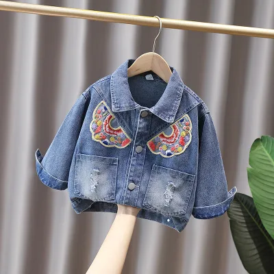 Girls Kids Denim Coat Autumn Winter Single-Breasted Leisure Cotton 90%