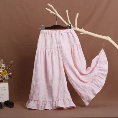 Kids Girls Summer Solid Cotton Wrinkled Wide Leg Culottes Long Pants Mid-Waist