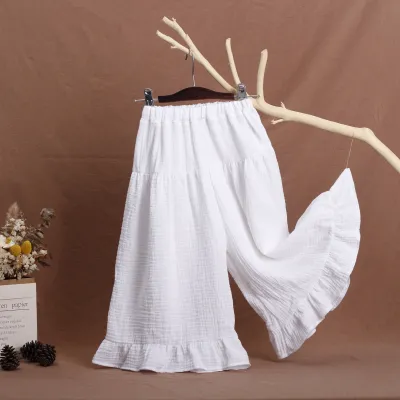 Kids Girls Summer Solid Cotton Wrinkled Wide Leg Culottes Long Pants Mid-Waist