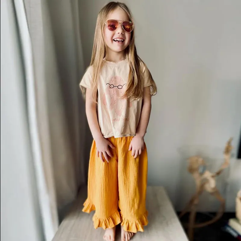Kids Girls Summer Solid Cotton Wrinkled Wide Leg Culottes Long Pants Mid-Waist