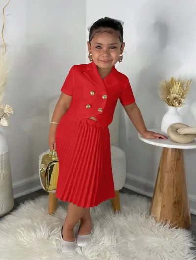 Kids Girls Fashion Two-Piece Sleeveless Top Pleated Skirt Set with Knitted Pullover
