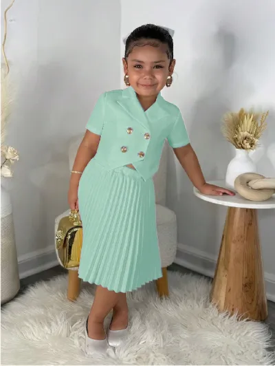 Kids Girls Fashion Two-Piece Sleeveless Top Pleated Skirt Set with Knitted Pullover