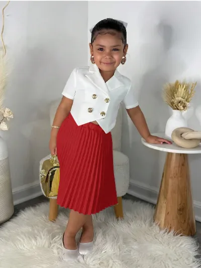 Kids Girls Fashion Two-Piece Sleeveless Top Pleated Skirt Set with Knitted Pullover