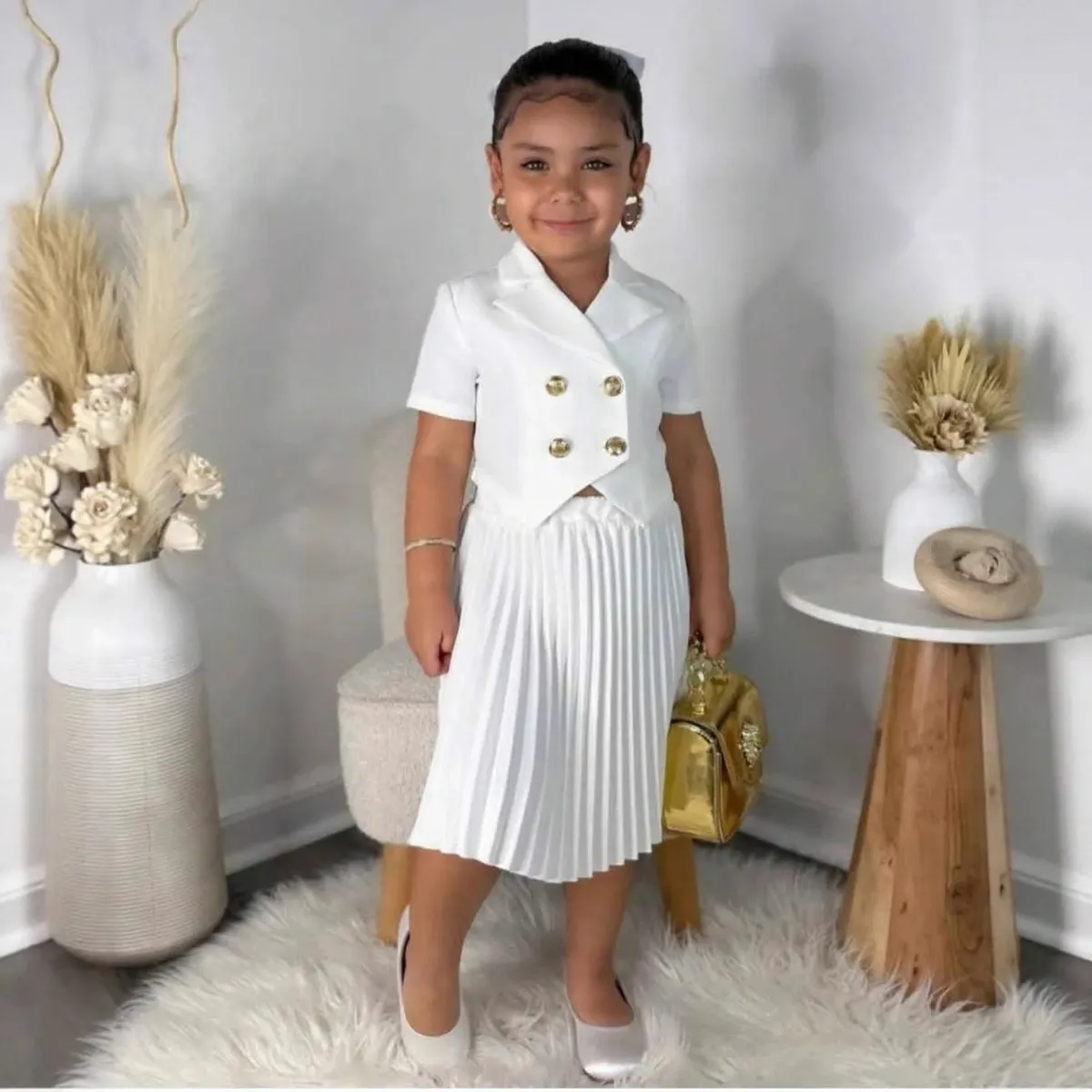 Kids Girls Fashion Two-Piece Sleeveless Top Pleated Skirt Set with Knitted Pullover