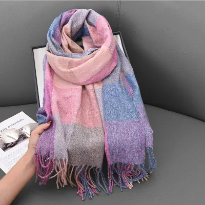 Women Autumn Winter Fashion Commuter Contrast Color Cashmerelike Tassel Scarf