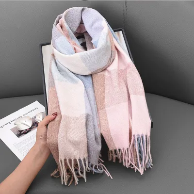 Women Autumn Winter Fashion Commuter Contrast Color Cashmerelike Tassel Scarf