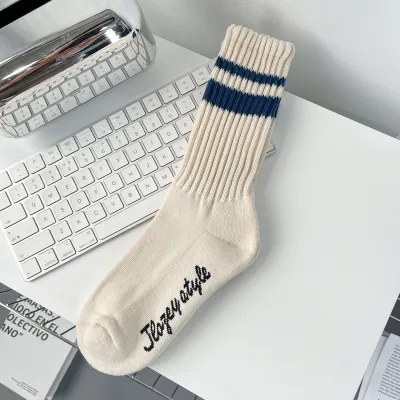 Men Color Blocking Stripe Towel Cotton Socks