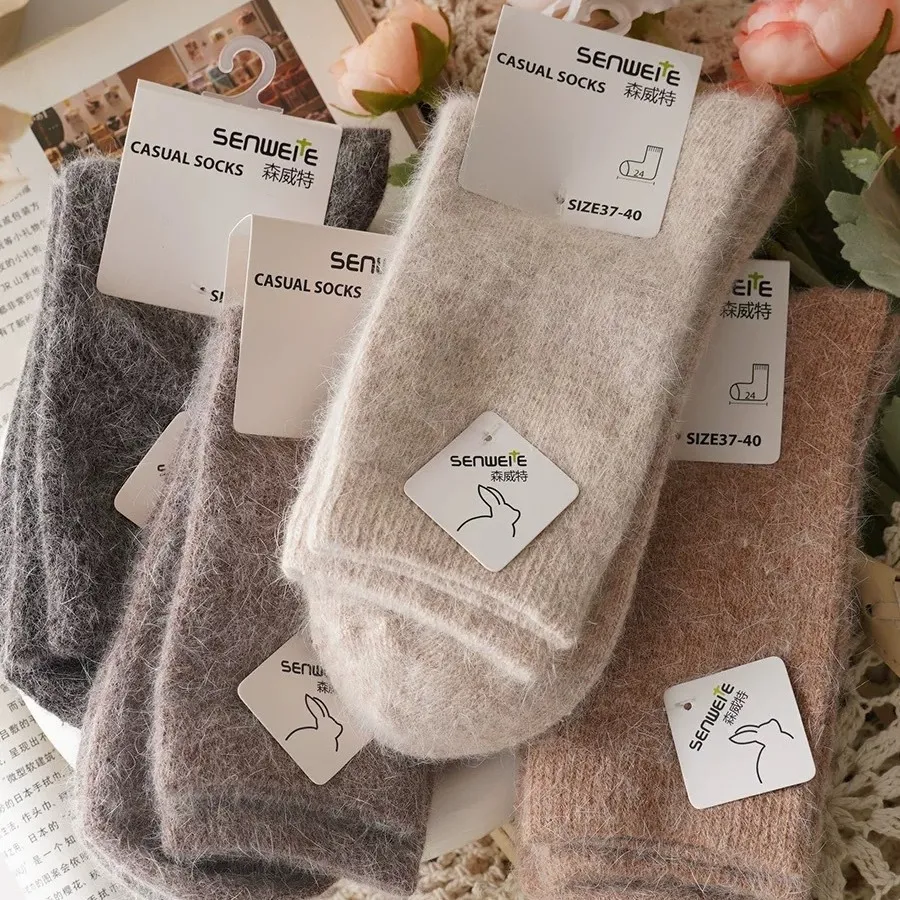 Autumn Winter Rabbit Fur Wool Socks Women Mid-Calf