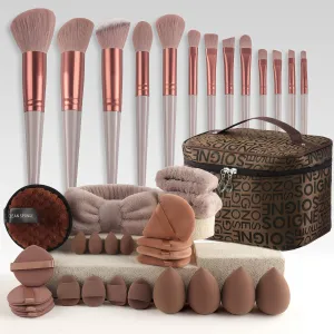 38pcs Coffee Makeup Brush Set with Puff Beauty Tool Bag