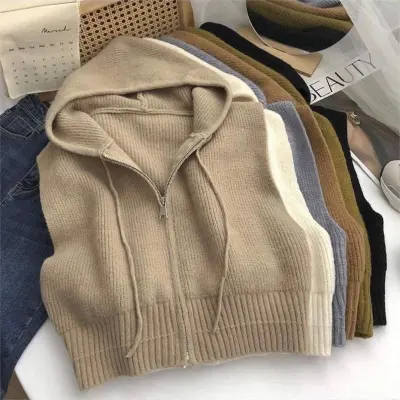 Women Casual Autumn Solid Color Zipper Drawstring Knitted Hooded Vest