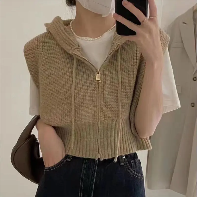 Women Casual Autumn Solid Color Zipper Drawstring Knitted Hooded Vest