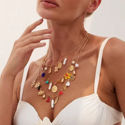 Bohemian Multi-Element Pendant Multi-Layer Alloy Acrylic Turquoise Necklace