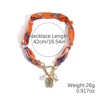 Summer Satin Silk Scarf Necklace with Heart Alloy Pendant Light Luxury