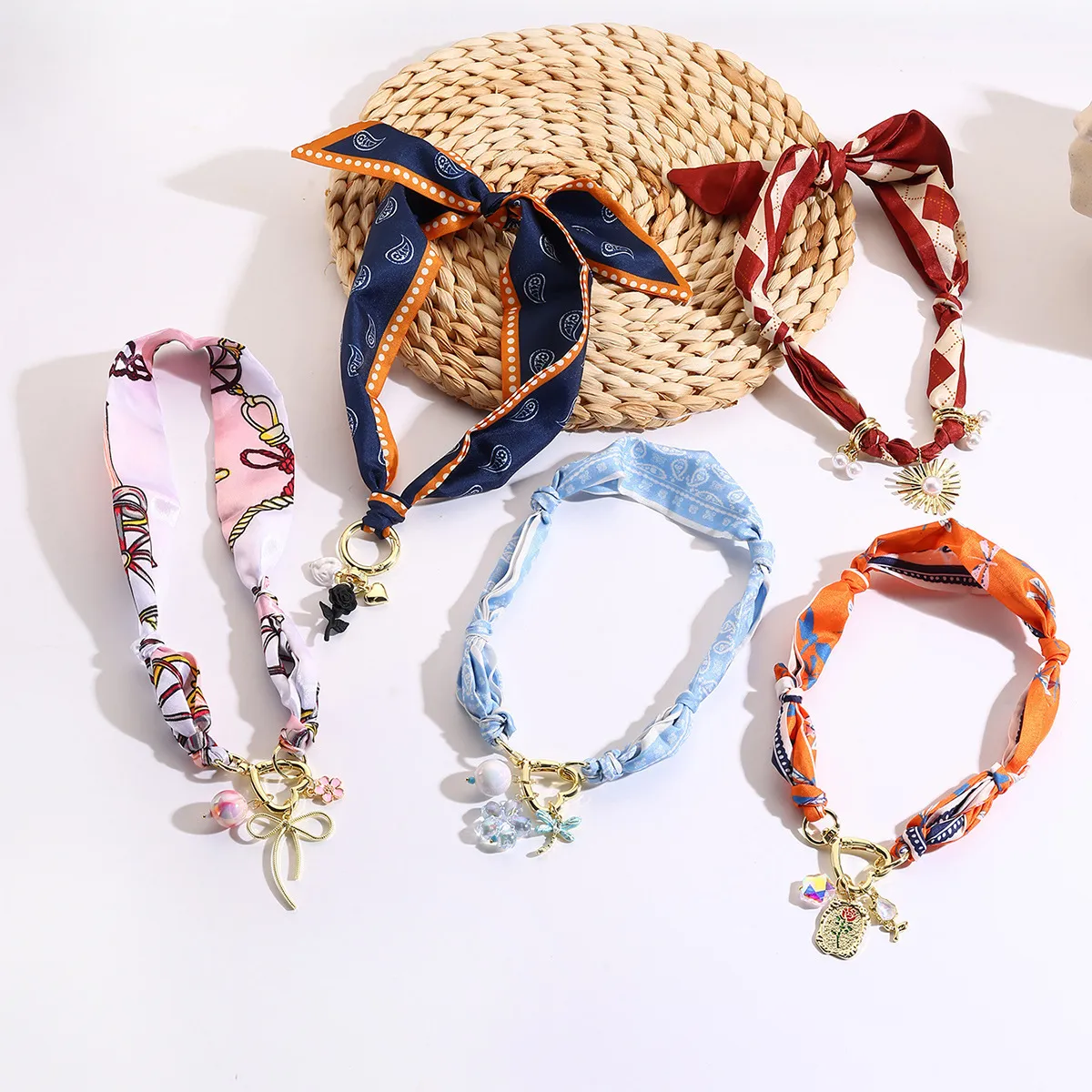 Summer Satin Silk Scarf Necklace with Heart Alloy Pendant Light Luxury