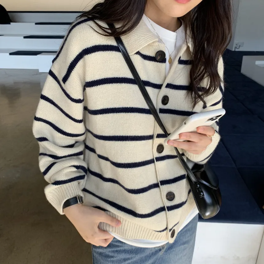 Women Casual Stripe Lapel Long-Sleeve Loose Knitted Cardigan for Autumn Winter