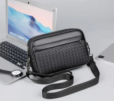Men Messenger Clutch Business Woven Plaid Casual PU Bag