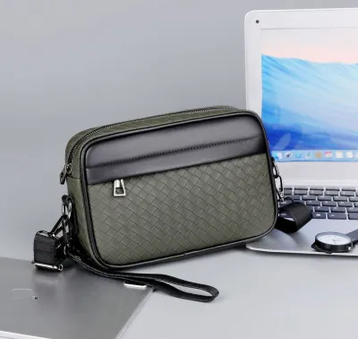 Men Messenger Clutch Business Woven Plaid Casual PU Bag