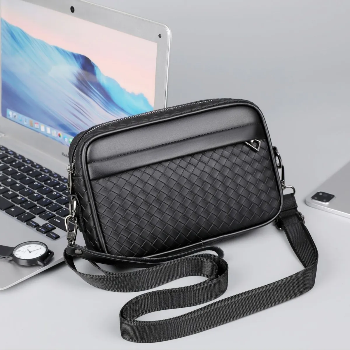 Men Messenger Clutch Business Woven Plaid Casual PU Bag