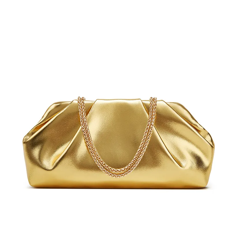 Women Party Metal Chain Pleated Cloud Evening Bag PU Magnetic Buckle Small Square