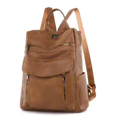 Women Fashionable Contrast Color Outdoor Travel Backpack PU Zipper Soft