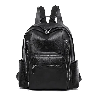 Women Simple Large Capacity Backpack PU Soft Zipper