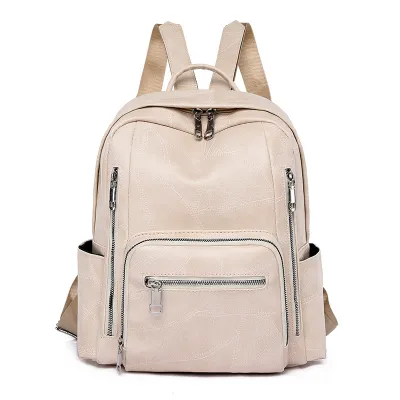 Women Simple Large Capacity Backpack PU Soft Zipper