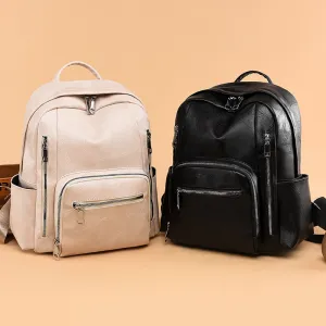 Women Simple Large Capacity Backpack PU Soft Zipper