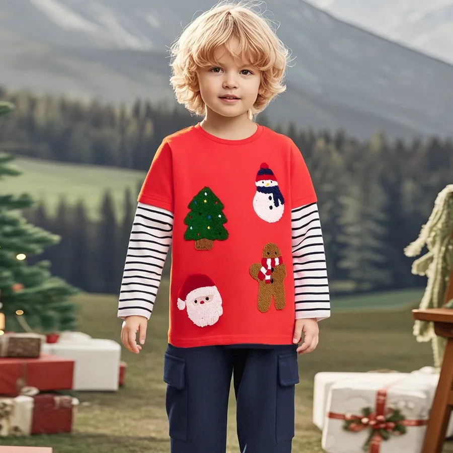 Kids Christmas Cartoon Cotton Long Sleeve T-Shirt for Boys