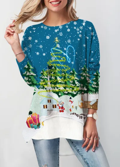 Christmas Autumn Women Printed Round Neck Long Sleeve T-Shirt Top Loose