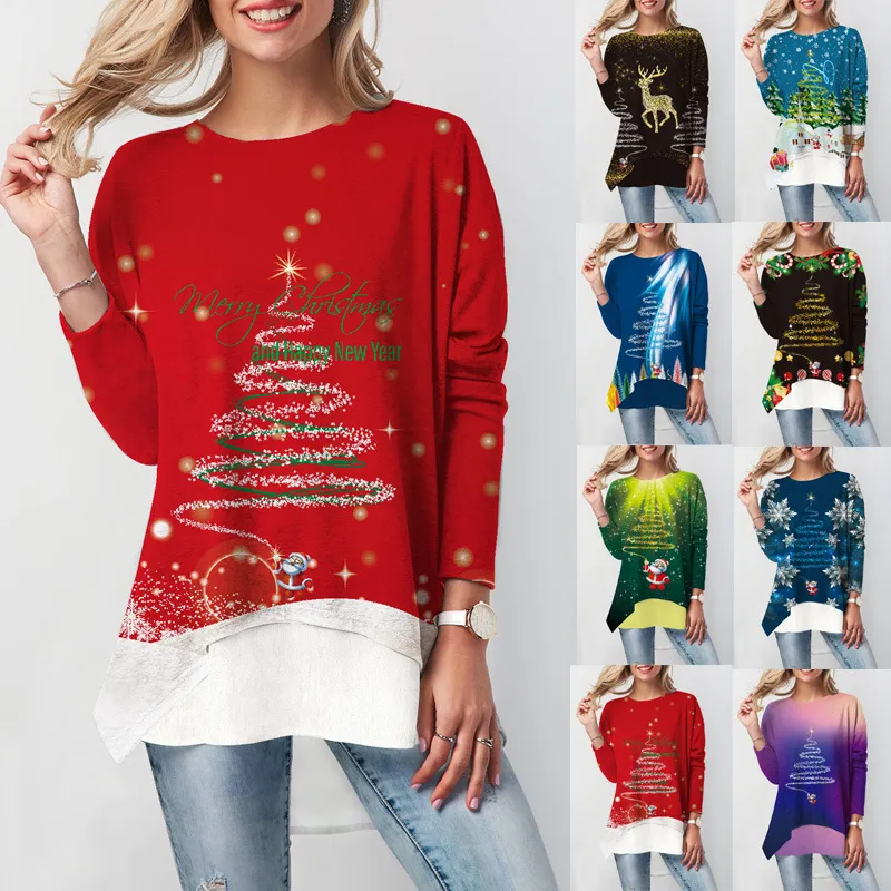 Christmas Autumn Women Printed Round Neck Long Sleeve T-Shirt Top Loose
