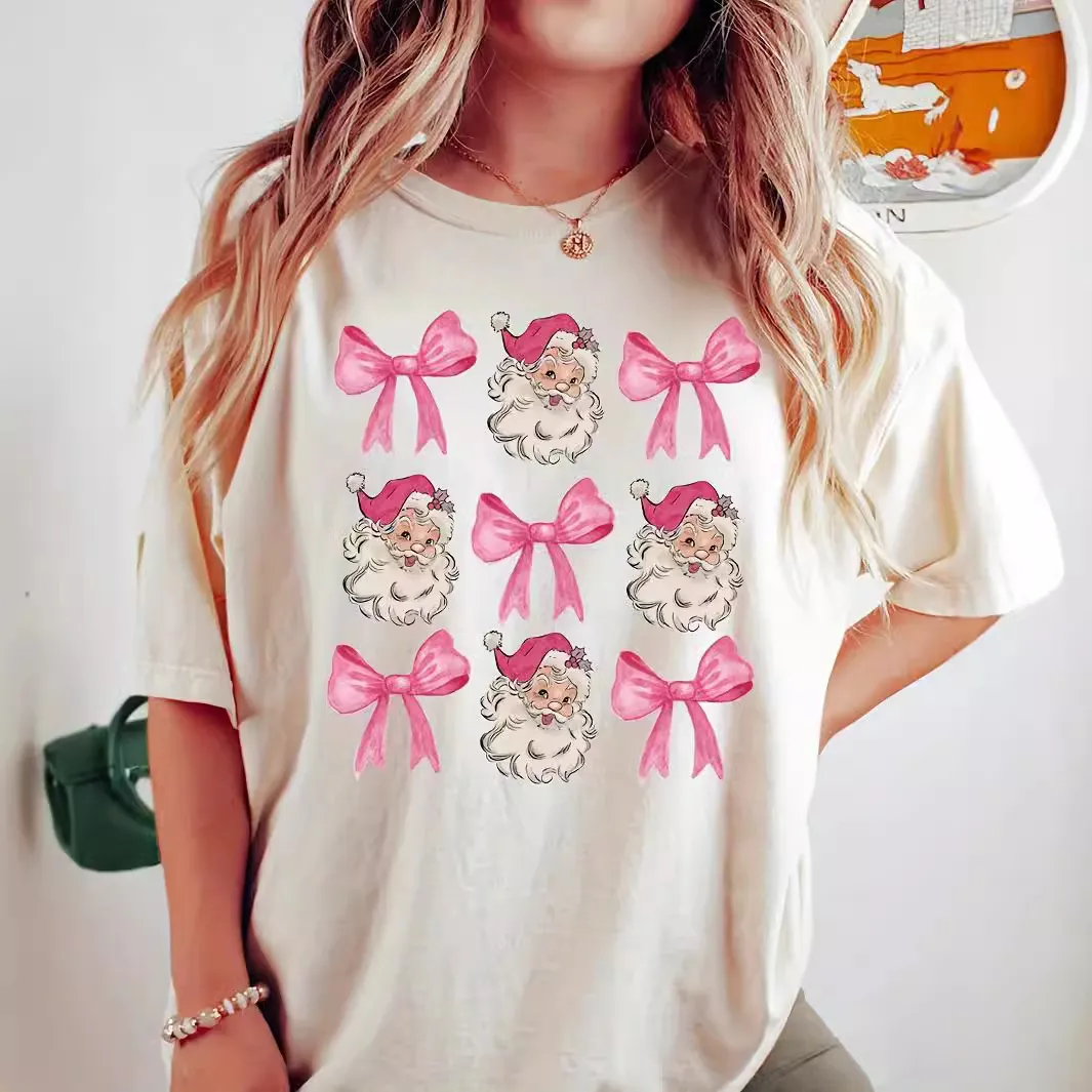 Christmas Printed Crew Neck Short Sleeve T-Shirt Women Cotton Pullover