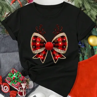 Crewneck Short Sleeve Christmas Multicolor Bow Print Summer Cotton Tee