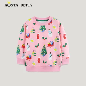 Girls Winter Autumn Christmas Round Neck Long Sleeve Sweatshirt with Cartoon Print