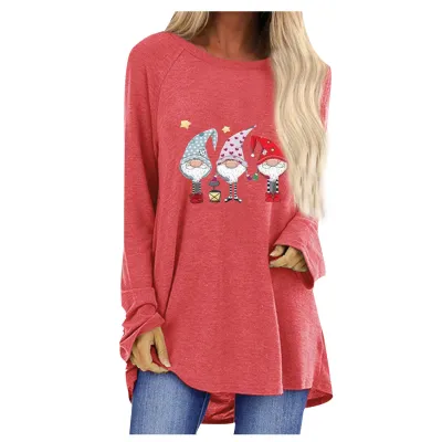 Women Christmas Santa Claus Print Loose Crewneck Long Sleeve T-Shirt
