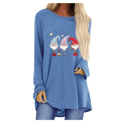 Women Christmas Santa Claus Print Loose Crewneck Long Sleeve T-Shirt